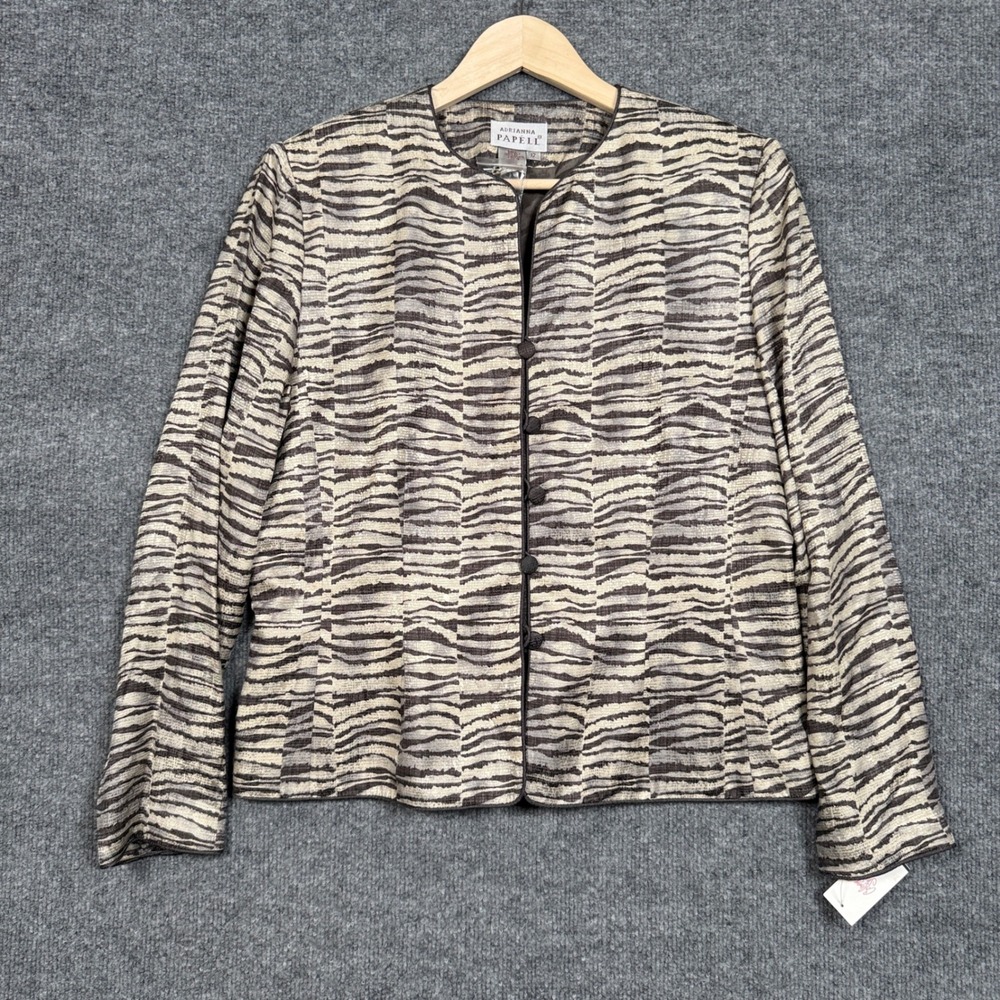 Adrianna Papell Womens 12 Jacket Tan Gray Silk Zebra Print Buttons Lightweight